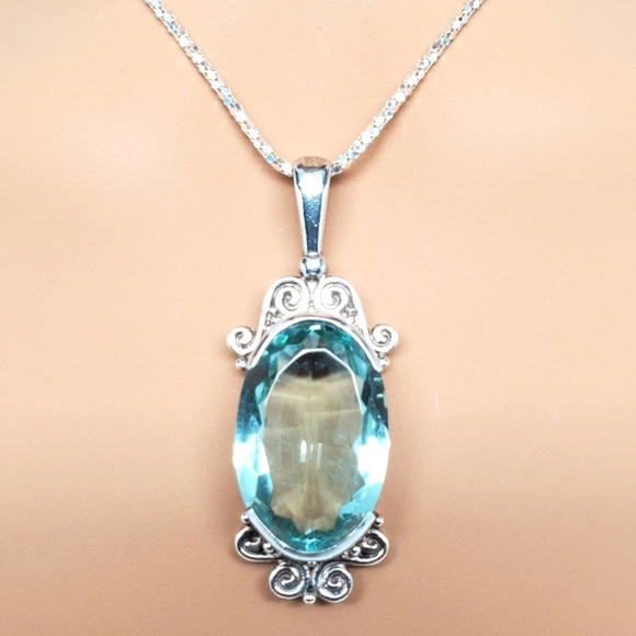 SAJEN Sterling Silver Large Oval Blue Topaz Pendant #17554 - Picture 5 of 7